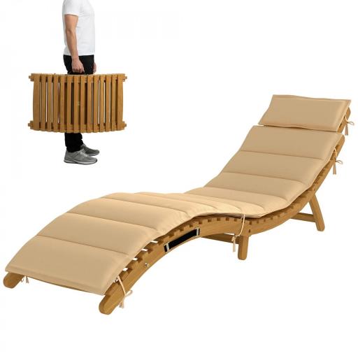 Tumbona Plegable de Madera de Acacia con Cojín Reposacabezas Asa de Transporte para Jardín Terraza 183x54x63 cm Beige [8]
