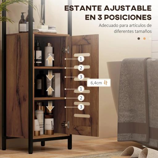 Columna de Baño Estrecha con Puerta de Lamas Estantes Ajustables Compartimentos Abiertos 37x30x167 cm Marrón Rústico [3]