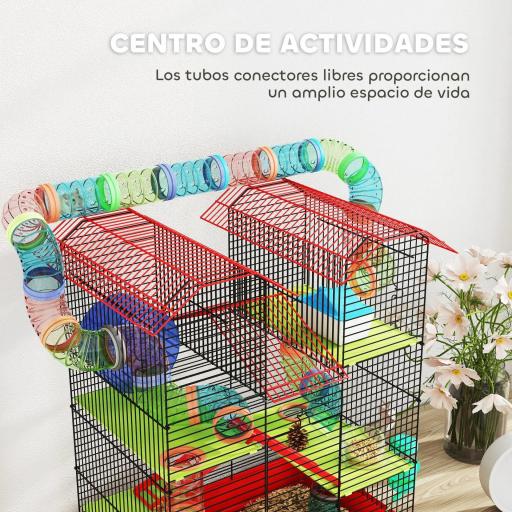 Jaula para Hámster de 5 Niveles 47x30x59 cm con Túnel Comedero Bebedero Casita Rueda de Ejercicio Escaleras Rojo [6]