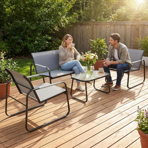 Conjunto de Jardín Exterior con 1 Sofá de 2 Plazas 2 Sillones y Mesa de Vidrio Templado Textilene Transpirable Gris [7]