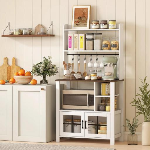 Alacena de Cocina con 6 Ganchos para Tazas 2 Puertas de Vidrio Estantes Abiertos 80x40x152 cm Blanco