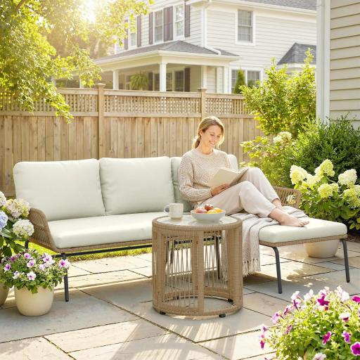 Conjunto de Muebles de Jardín Exterior de Ratán con Sofá de 2 Plazas Chaise Longue Cojines y Mesa Auxiliar Crema [0]