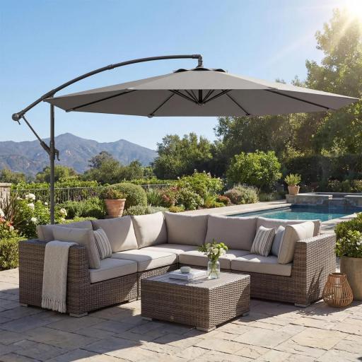 Parasol Excéntrico Ø300 cm con Base Cruzada Toldo Ajustable y Manivela UPF30+ para Terraza Patio Gris [0]