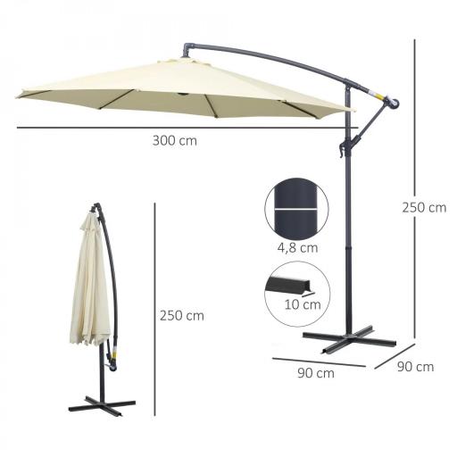 Sombrilla de Jardín Ø300x250 cm Parasol Excéntrico Inclinable con Manivela Base Cruzada y Soporte de Metal 8 Varillas para Terraza Exterior Balcón Beige [1]