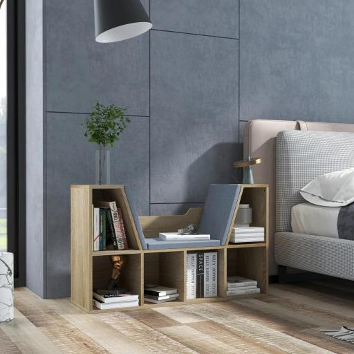 Librería con Asiento Estantería de Libros con 6 Cubos Cojín para Sala de Estar Dormitorio 102x30x61cm Roble y Gris