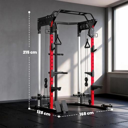 Jaula de Potencia Smith Machine, Rack para Sentadillas con Sistema Polea Ajustable Barra Dominadas y Estación de Fondos [1]
