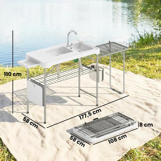 Mesa de Limpieza de Pescado Plegable Portátil con 2 Fregaderos Grifo Manguera Estante Lateral Cesta y Ranuras Blanco [1]