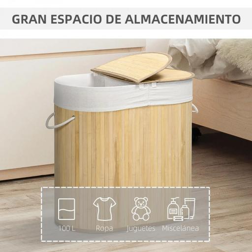 Cesto para Ropa Sucia de Bambú 100L 2 Compartimentos Bolsa Interior Extraíble y Lavable 62,5x37x60,5 cm Natural [5]