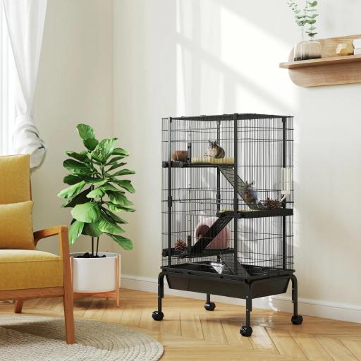Jaula para Animales Pequeños de 4 Niveles con Ruedas Rampas Cuenco Botella de Agua 69x44x120 cm Negro