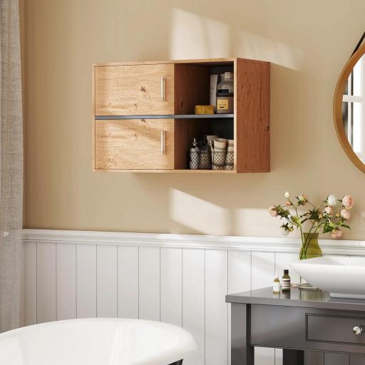 Armario de Baño de Pared con Compartimentos Abiertos y 2 Puertas Mueble de Baño Moderno 80x35x57,5 cm Natural
