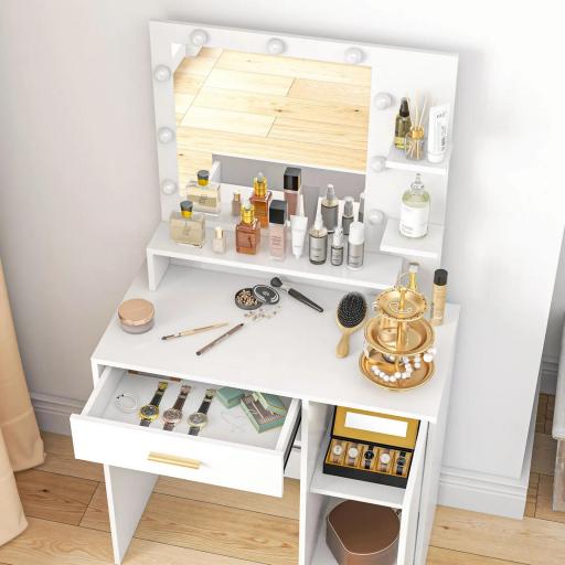 Tocador de Maquillaje con Taburete Espejo LED Cajones Estante Ajustable y Estantes Abiertos para Dormitorio Blanco [7]