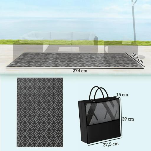 Alfombra de Exterior Reversible 182x274 cm con Patrón Geométrico de Rombos Impermeable Bolsa de Transporte Negro [1]