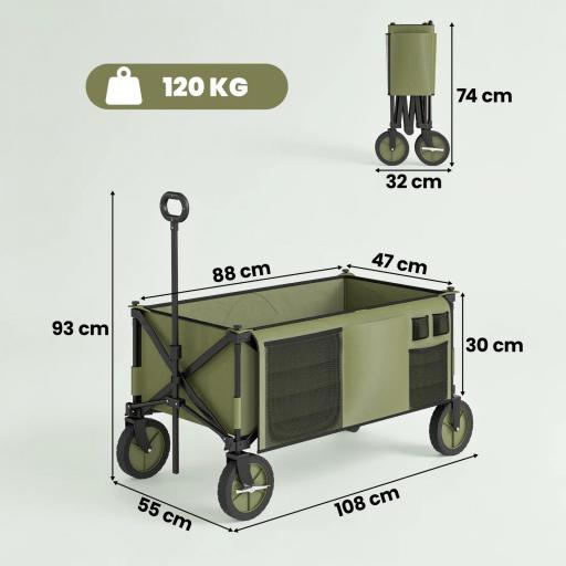 Carro Plegable de Transporte con Mango Telescópico Tablero Plegable y 5 Bolsillos para Playa 108x55x93 cm Verde [1]