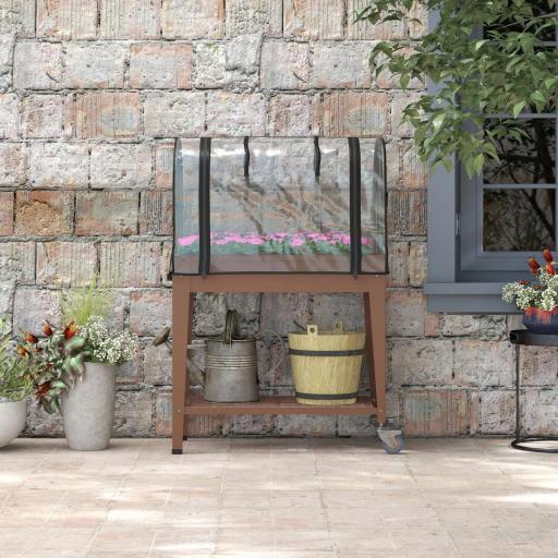 Huerto Urbano Elevado 80x40x120 cm con Cubierta de Invernadero y Estante Inferior para Cultivo Plantas Flores Marrón [4]