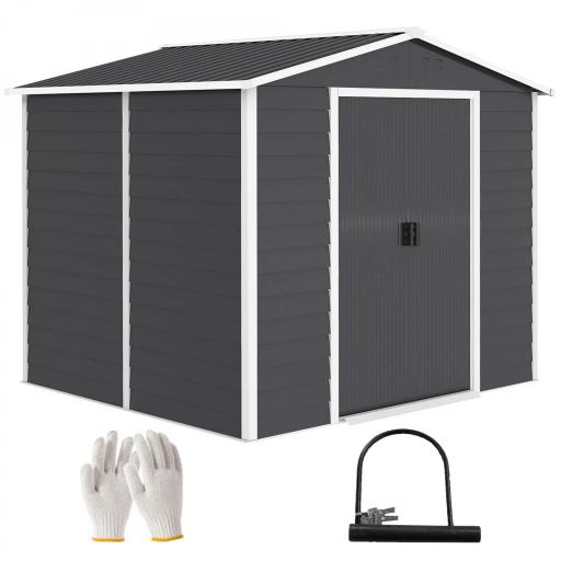 Cobertizo de Jardín Exterior 4,4 m² 240x206x198 cm con Base Puerta Corredera y Cerradura 4 Ventanas para Patio Gris [8]