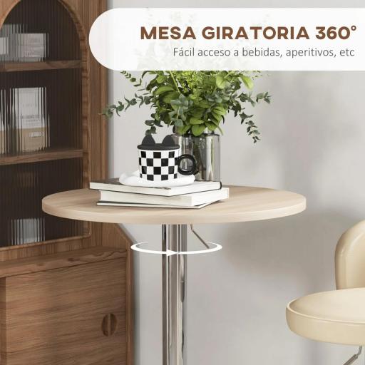 Mesa Alta Cocina Mesa Alta Bar Redonda para 2 Personas Altura Ajustable Tablero Giratorio 360° 60x60x91 cm Roble Claro [4]
