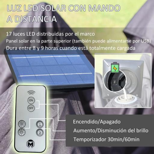 Carpa Plegable con Luces LED 3,3x3,3 m Cenador de Jardín con Control Remoto con 4 Mosquiteras Altura Ajustable Beige [2]