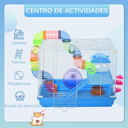 Jaula para Hámster 46x30x37 cm Casa para Hámster con Tubos Comedero Bebedero Rampa Rueda de Ejercicio y Asa Portátil para Interior y Exterior Azul y Blanco [2]