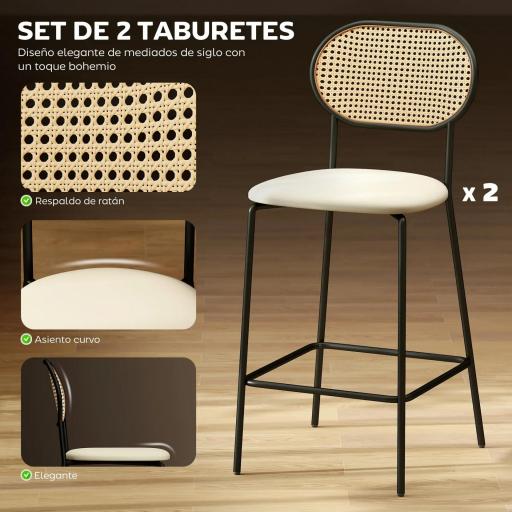 Juego de 2 Altos de Cocina con Respaldo de Ratán Asiento de PU Marco de Acero y Reposapiés Beige [3]