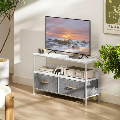 Mueble de TV con Estante y 2 Cajones de Tela Plegables para Televisores hasta 47 Pulgadas Largo de 98 cm Blanco y Gris [1]