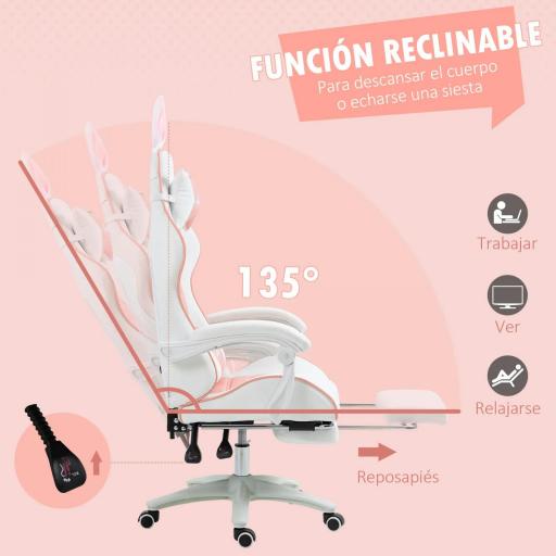 Silla Gaming Profesional de Cuero PU con Altura Ajustable Inclinable 135° Reposacabezas 65x63x136-142 cm Rosa y Blanco [4]