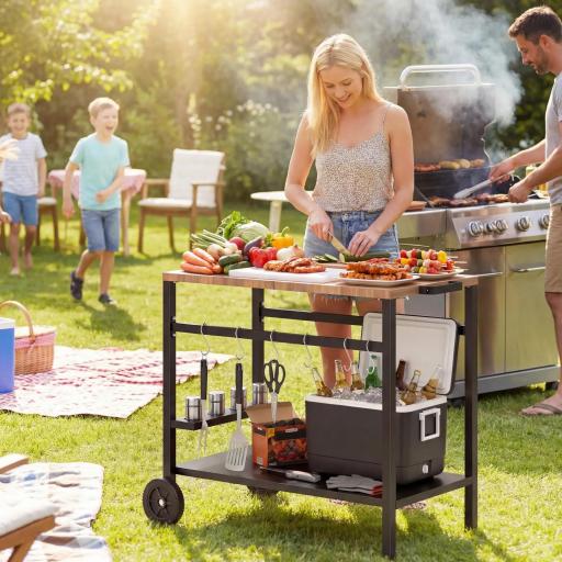 Carrito de Barbacoa de 2 Niveles Mesa Auxiliar para Barbacoa Móvil con Ruedas Portabebidas Ganchos Asa Negro y Marrón