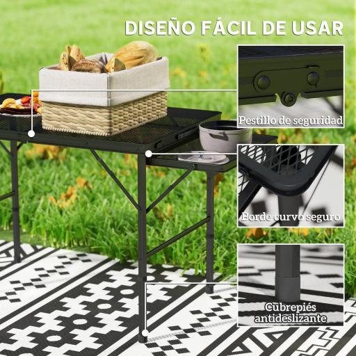 Mesa de Camping Plegable con Laterales Abatibles Altura Ajustable y Encimera Metálica de Rejilla 137x62x67 cm Negro [2]