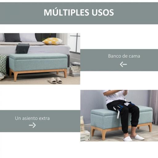 Baúl de Almacenaje para Dormitorio 72L Tapizado en Lino con Patas de Madera 110x39x45 cm Verde Claro [5]