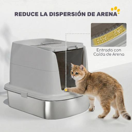 Arenero para Gatos de Acero Inoxidable L con Tapa Abatible Pala Metálica Bolsa Desodorizante Fácil Limpiar Gris Claro [5]