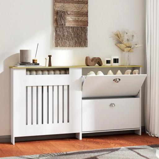 Cubre Radiadores con Zapatero Cubierta para Radiador con 2 Cajones Abatibles 152x19x81 cm Blanco
