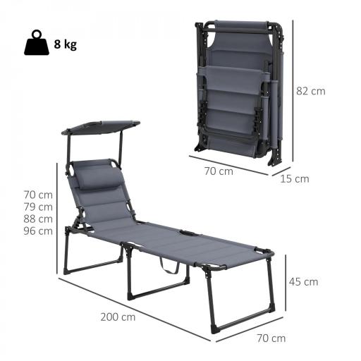 Tumbona de Jardín con Toldo Ajustable Respaldo Regulable en 4 Niveles Reposacabezas para Terraza 70x200x45 cm Gris [1]