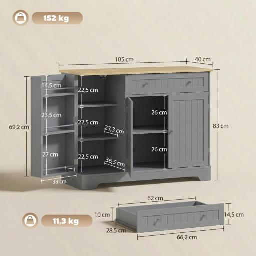 Aparador de Cocina Armario de Cocina con 3 Estantes de Puerta Cajón Estantes Ajustables para Comedor 105x40x83 cm Gris [1]