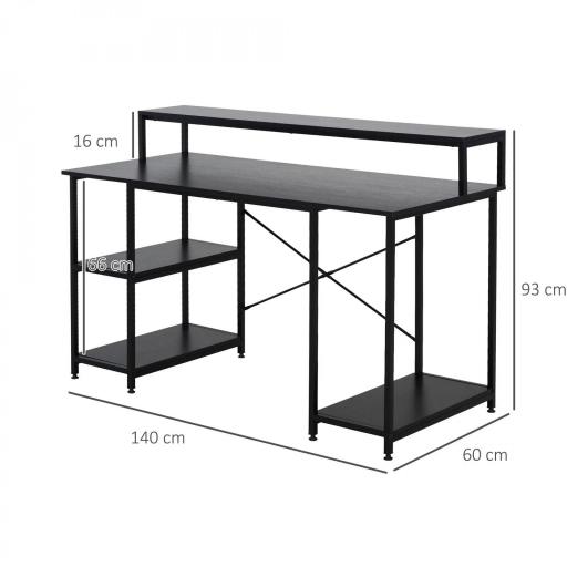 Mesa para Computadora Escritorio de Oficina Estudio con 3 Estantes Tabla Superior Patas con Almohadillas Ajustables Antideslizantes Marco Metálico 140x60x93 cm Negro [1]