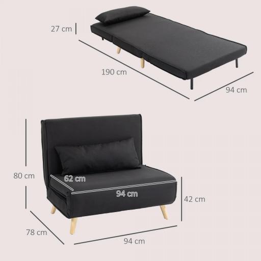 Sillón Cama Plegable con Respaldo Ajustable en 6 Posiciones Almohada Acolchada Carga 350 kg 94x78x80 cm Negro [1]