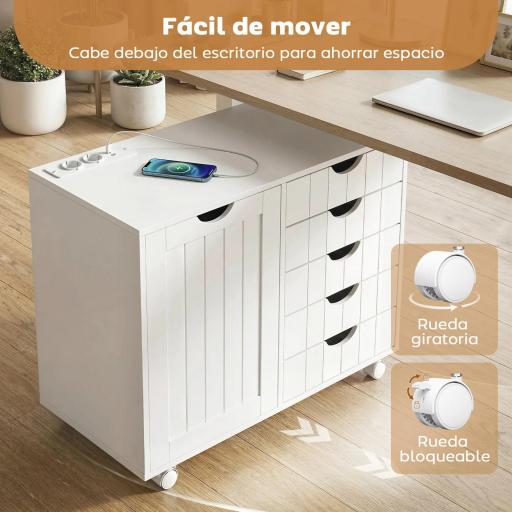 Mueble para Impresora con Estación de Carga y Ruedas 5 Cajones Puertos USB Estante Ajustable Blanco [6]