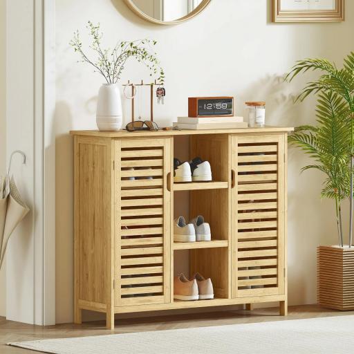 Armario de Almacenaje con 2 Puertas de Bambú de Lamas Estantes y Compartimentos Abiertos 100x33x86 cm Natural