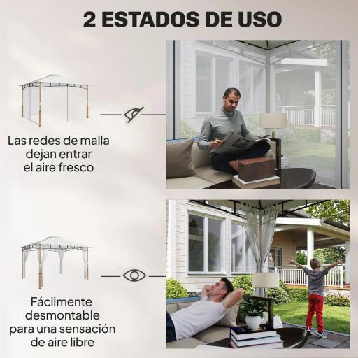 Carpa para Jardín con Techo Doble Cenador con Paredes de Malla UPF50+ para Exterior Terraza 360x300x275 cm Crema y Teca [7]