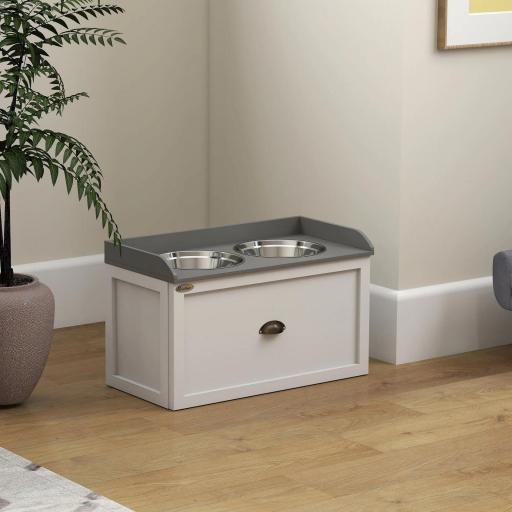 Comedero Elevado para Perros Grandes con 2 Cuencos de 2000 ml de Acero Inoxidable y 1 Cajón 63x30x36 cm Blanco [3]