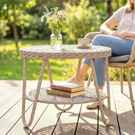 Mesa de Jardín Exterior de Ratán Mesita Auxiliar de Jardín con Estante Tablero de Vidrio Templado 65x65x50 cm Amarillo