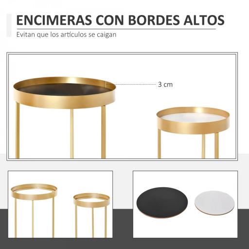 Juego de 2 Mesas de Café Moderno Set de 2 Mesas de Centro Apilables Estructura de Metal Dorado Sala de Estar Ø39x63 cm y Ø30,8x56 cm Encimera Negro y Blanco [3]
