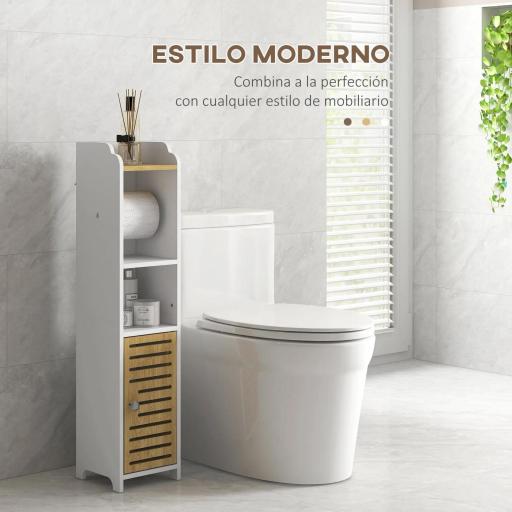 Portarrollos de Baño Moderno Armario de Baño con Estantes 1 Puerta y Portarrollos de Papel 18x20x90 cm Blanco y Roble [2]