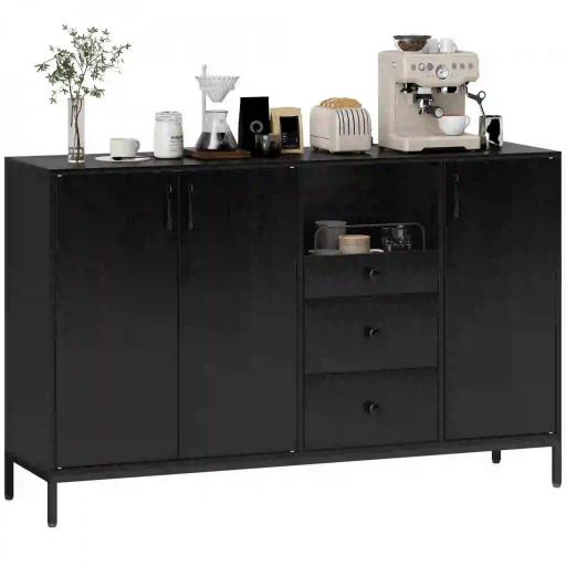 Aparador de 3 Puertas Aparador de Salón con 3 Cajones Estantes Ajustables para Cocina Entrada Negro 143,5x40x90 cm [3]