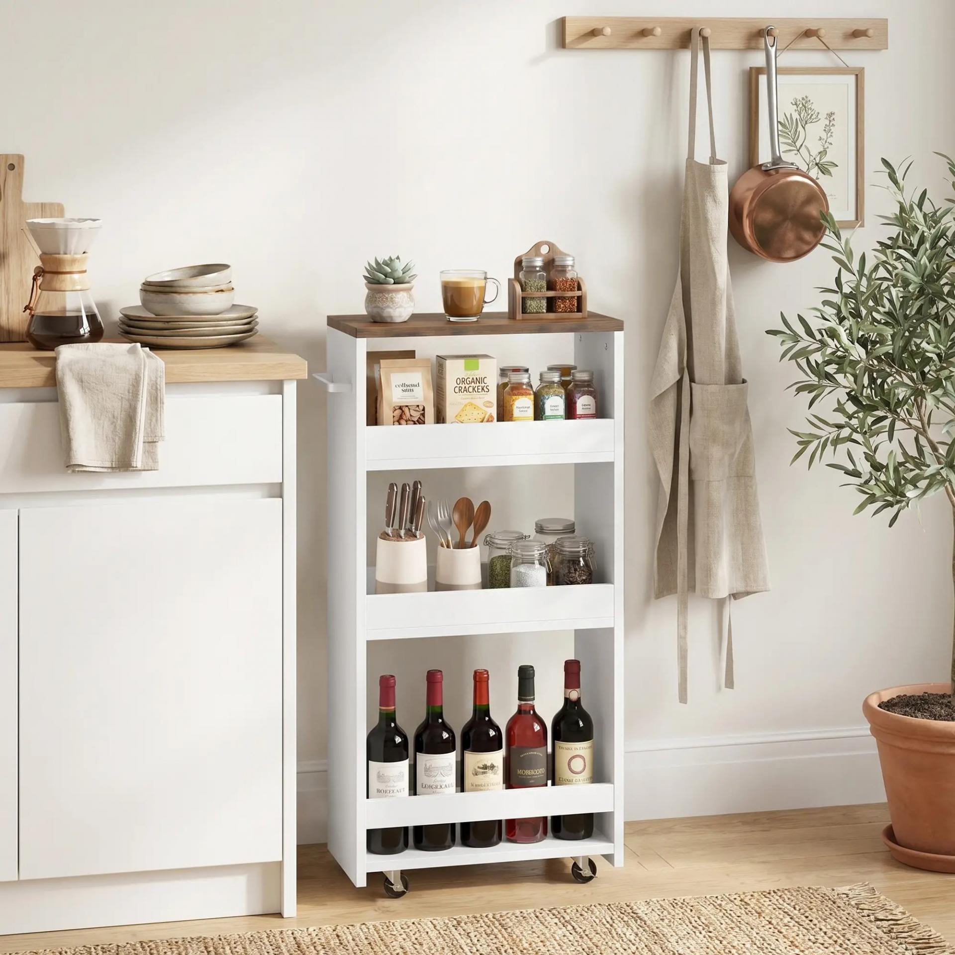Carrito de Cocina Estrecho de 3 Niveles con Ruedas para Espacios Reducidos Comedor o Salón Blanco