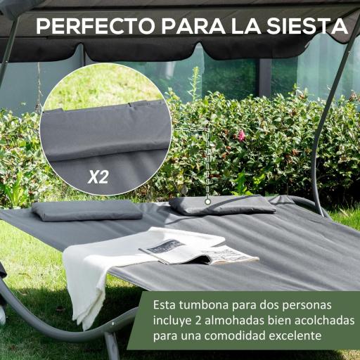 Tumbona Doble con Toldo Ajustable Tumbona de Jardín para 2 Personas con Cojines y 2 Ruedas 200x175x134 cm Gris [5]