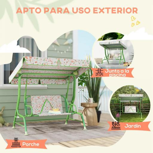 Columpio de Jardín Exterior para Niños de +3 Años con Toldo Ajustable Arnés de Seguridad 112x75x120 cm Verde [3]