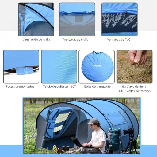 Tienda de Camping Pop-up con Ventanas Bolsillos y Bolsa de Transporte Impermeable Anti-UV 263,5x220x123 cm Azul [3]