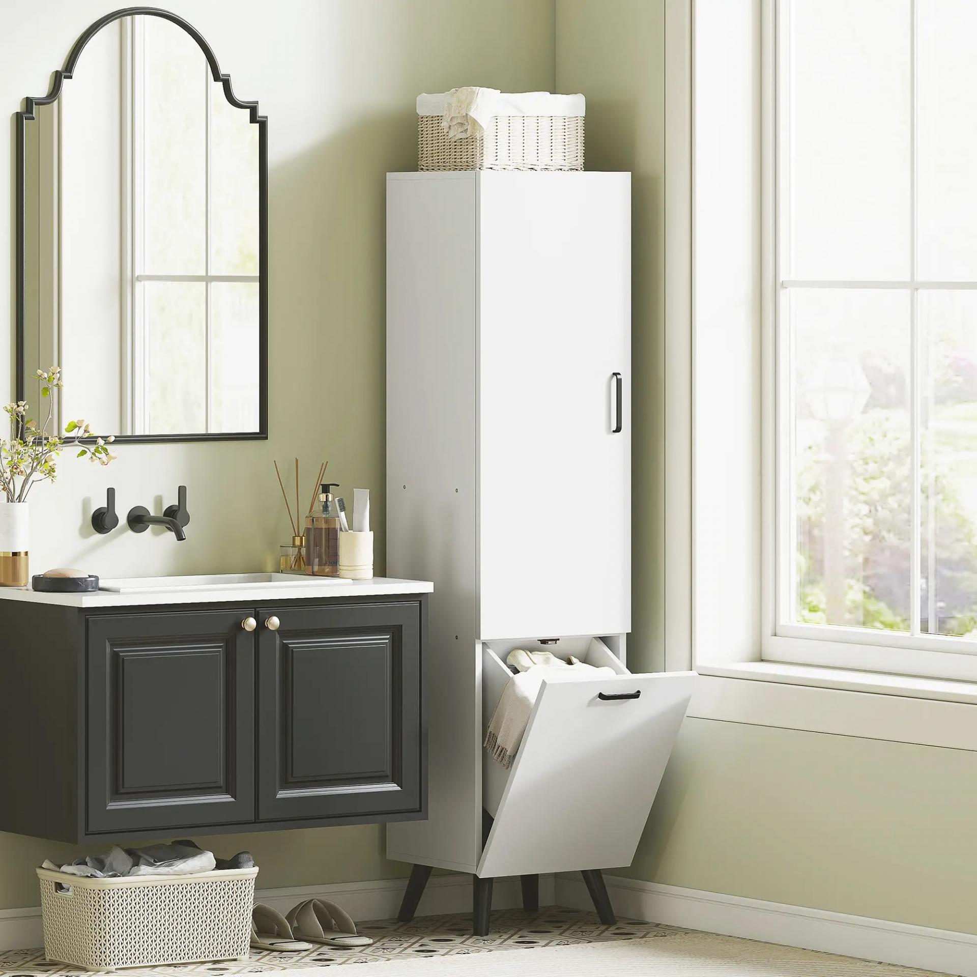 Armario Alto para Baño con Puertas y Estantes Cesto para Ropa Sucia en Espacios Reducidos 35x31,5x144 cm Blanco