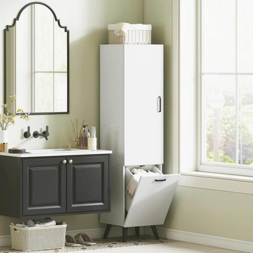 Armario Alto para Baño con Puertas y Estantes Cesto para Ropa Sucia en Espacios Reducidos 35x31,5x144 cm Blanco