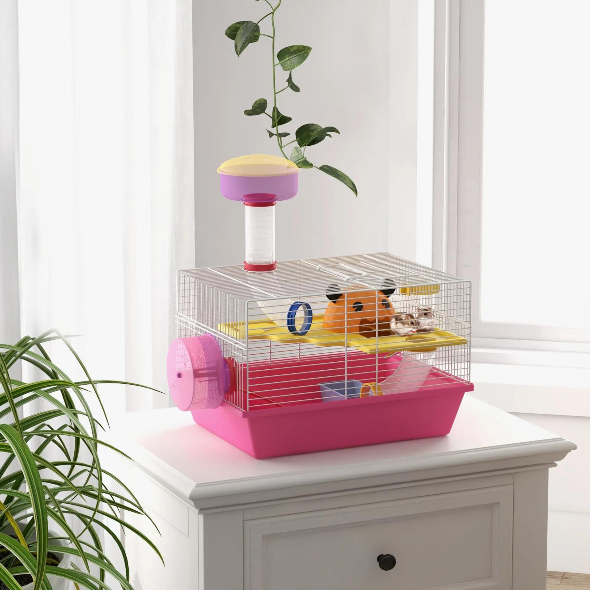 Jaula para Hámster con Cuenco Bebedero Rueda de Ejercicio Torre de Observación y Casita 34x27x25 cm Rosa
