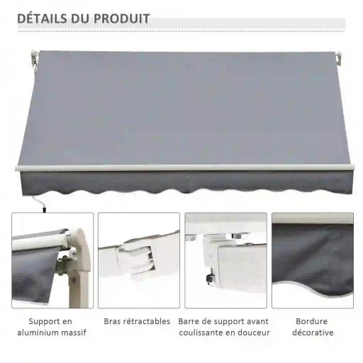 Toldo para Patio Balcón Terraza y Jardín de 400x250cm con brazo articulado de Aluminio y tela de Poliéster de 280g/m² Color Gris [3]